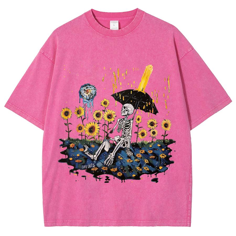 

Женская выстиранная футболка с принтом подсолнуха и черепа, летняя свободная большого размера, с полурукавом, унисекс, в американском ретро-стиле, уличный топ 3XL