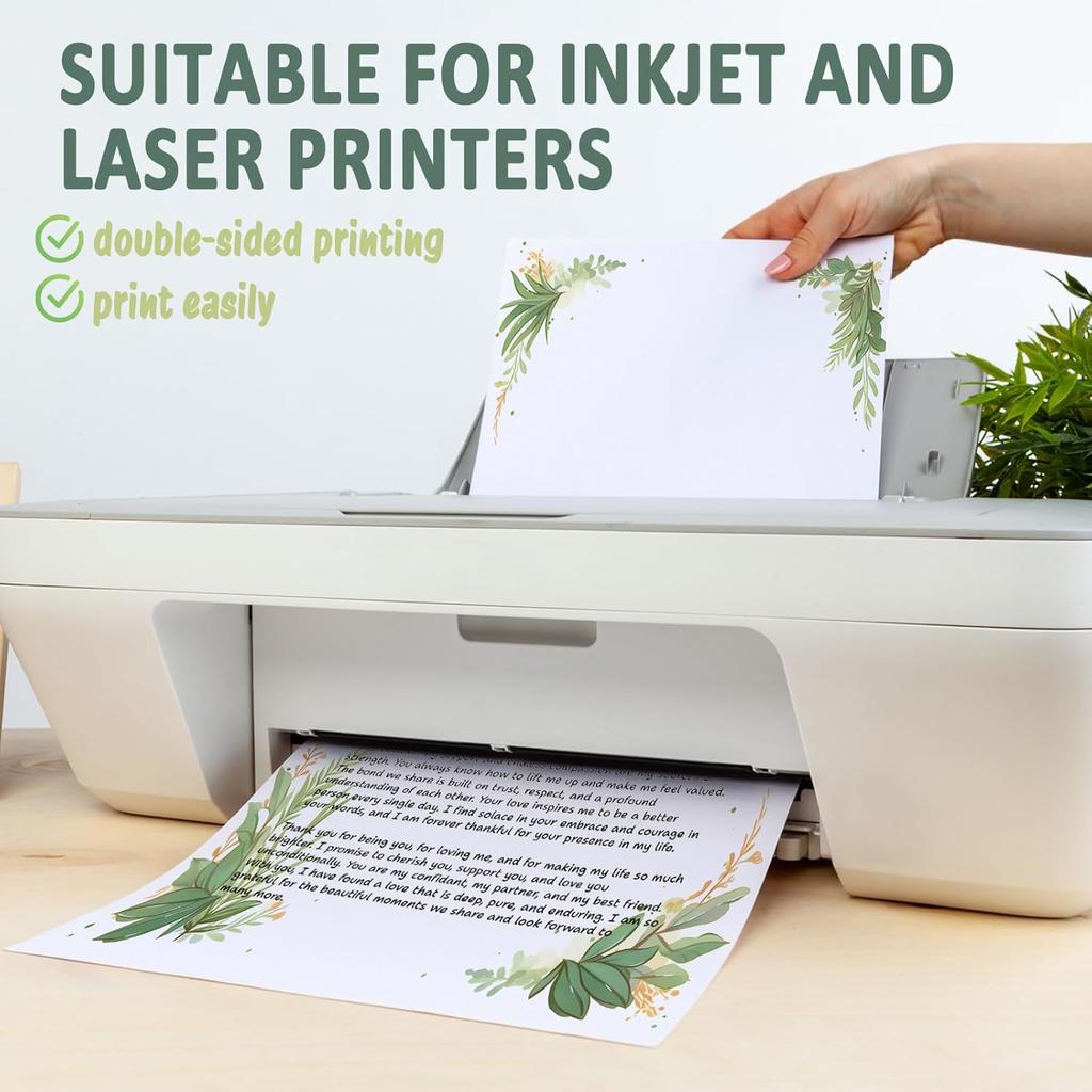 Greenery Theme Stationery Letter, 8.5 x 11 Inches, 80 Double-Sided, Pretty Printer Paper, Decorative Paper for Wedding, DIY Drawing, Thank Greeting