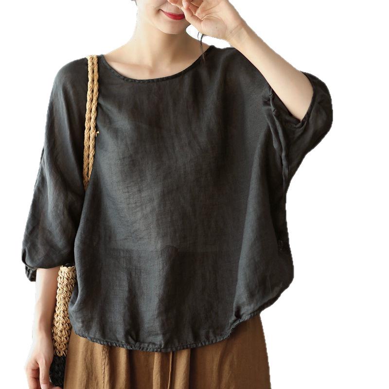 European Batwing Sleeve Cotton-Linen Top - Plus Size, Loose Fit, Tummy-Hiding, Spring/Summer Women's Fashion