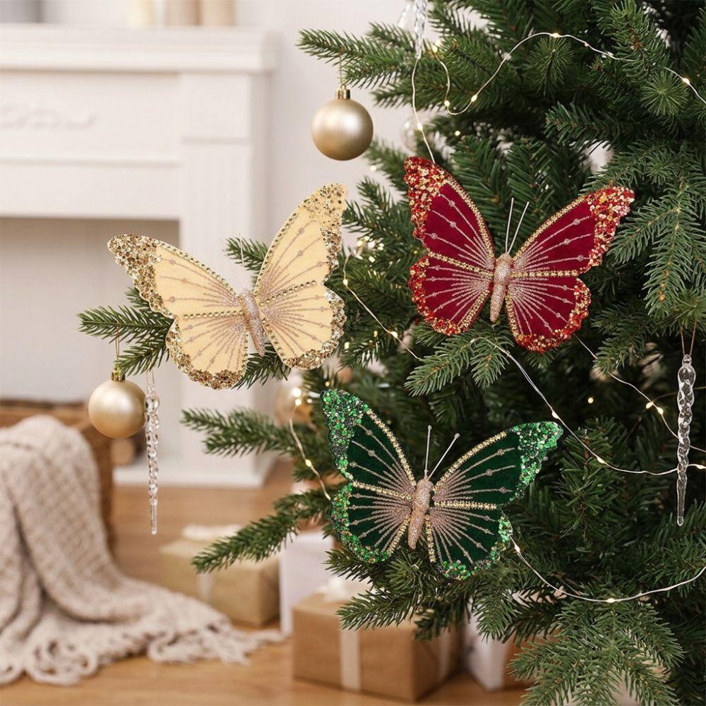 Clip-On Velvet Christmas Butterfly Ornament Artificial Butterfly Hanging Decor Wedding Decor