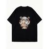 Oversized T Shirt Dress Black Chibi Monkey With Flowers And Smiley Face Print Casual Streetwear For Women