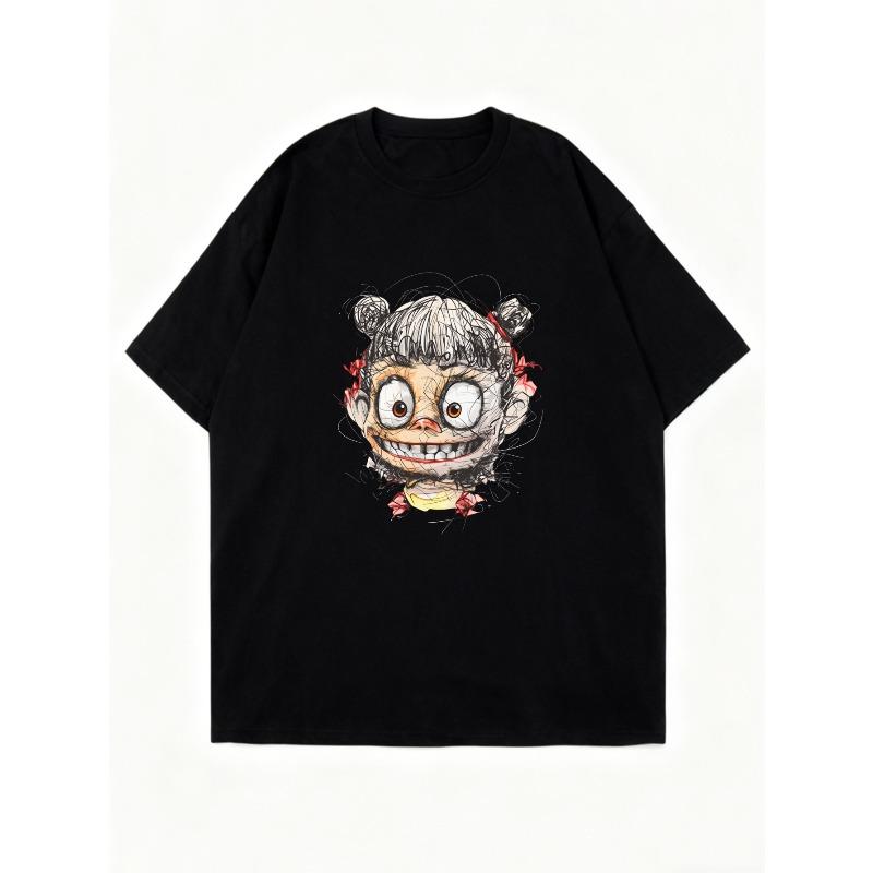 Oversized T Shirt Dress Black Chibi Monkey With Flowers And Smiley Face Print Casual Streetwear For Women