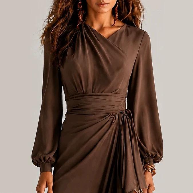 European and American women's clothing, satin collar, long-sleeved wrap skirt, split lotus leaf inner lining, trailing banquet dress long skirt