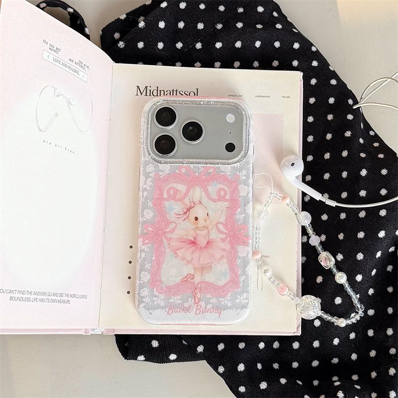 New 2026 INS Pink Ballet Bunny Lace Phone Case For iPhone 17 16 15 14 Pro Max with Rhinestone and Beaded Chain Shockproof Cover