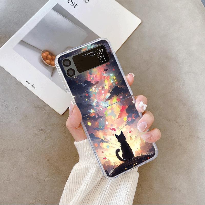 Oil Painting Black Cat Starry Sky Phone Case for Samsung Galaxy Z Flip 7 Flip 6 5 4 3 5G Folding Cover for Z Flip7 Flip5 Fundas