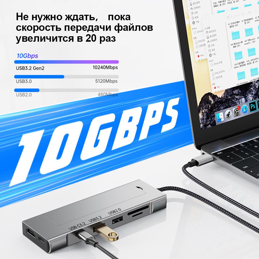 8 In 1 Type C Docking Station with Disk Storage Function USB 3.2 Hub 10Gbps M.2 NVMe SATA SSD Case Multi Adapter Card Reader USB C To HDMI Adapter