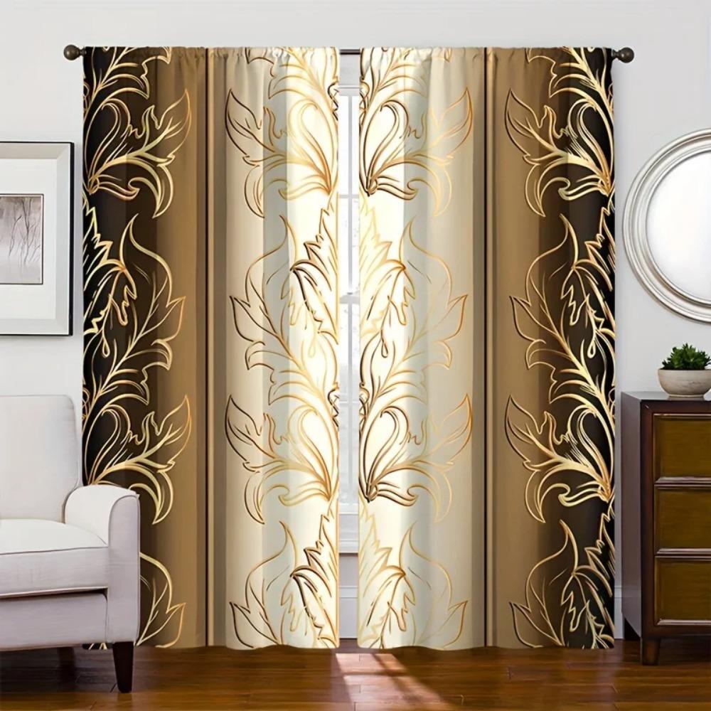 2pcs, Golden Black Flowers Rod Pocket Pocket Digital Printing Curtains,Polyester Material, Suitable For Living Room,Bedroom