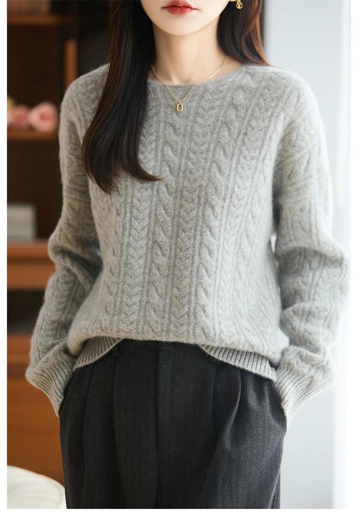 Women's Pure Wool Cable Knit Sweater - Soft, Warm, Round Neck, Long Sleeve Pullover for Autumn & Winter