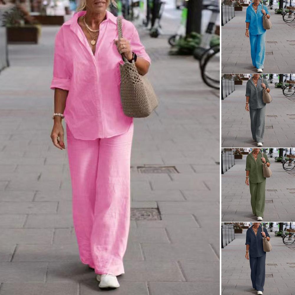 Completo due pezzi da donna per l'estate Taglie forti Cotone Lino Camicia monopetto Pantaloni Casual Top Ampio Gamba Pantaloni larghi Completi comodi