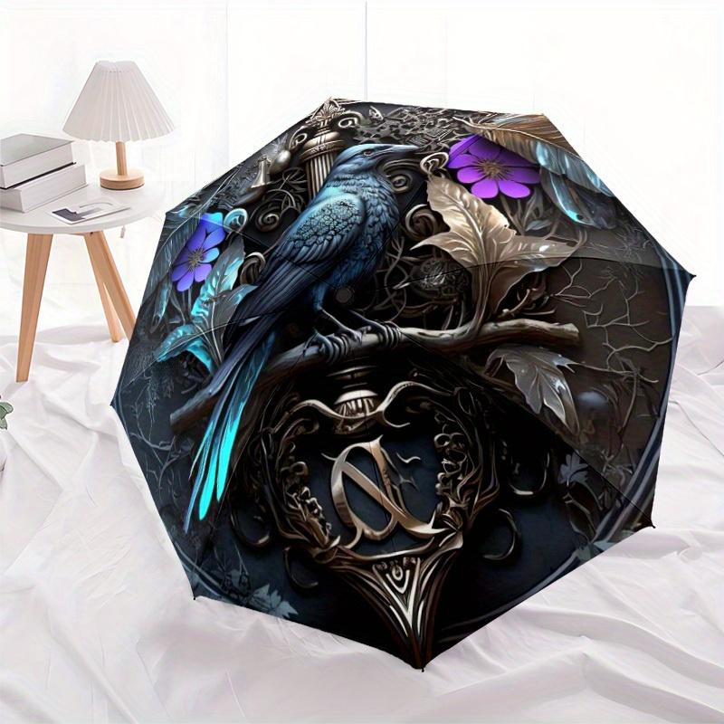 1pc Automatic Open/Close Umbrella with Folding Canopy - Gothic Raven & Floral design, Compact Travel Umbrella, Lightweight Ret