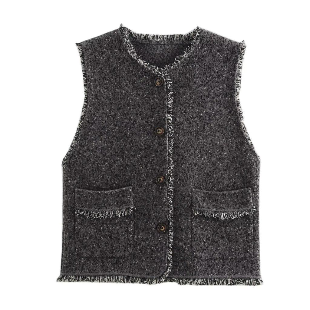 2025 Spring Women's Tassel Sesame Dot Knitted Vest - European & American Style, Single-Breasted with Pockets