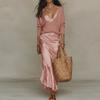 Spring Long Sleeve Loose Sweater Women's Set Elegant V Neck Satin Long Dress Suit Summer Casual Slim Vacation Beach Outfit Mujer