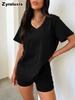 Short Sleeve Spring Summer New V-Neck Casual Temperament Solid Color Fashion Set Women