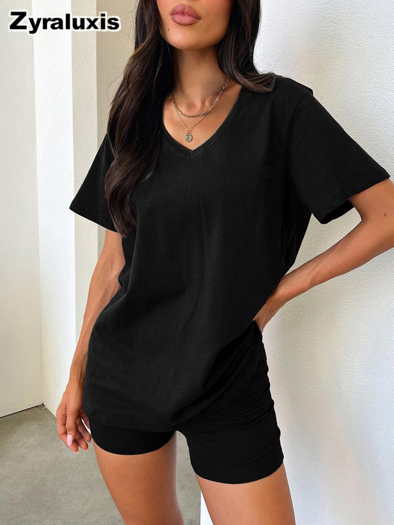 Short Sleeve Spring Summer New V-Neck Casual Temperament Solid Color Fashion Set Women