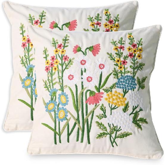 Set of 2 Embroidered Decorative Throw Pillow Covers Couch Square Pillowcases Cushion for Bedroom Sofa Farmhouse Decor 18x18 Inch (Blue Floral)