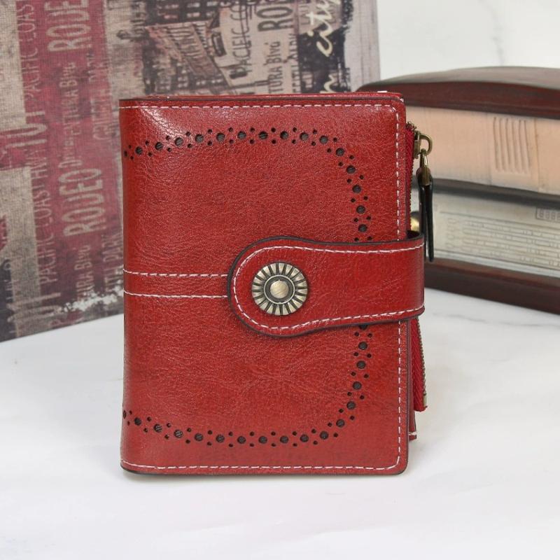 Women Short Hollow-Out Wallet Vintage PU Leather Multi Card Holder Zipper Coin Purse Small Lady 3 Fold Clutch Wallet