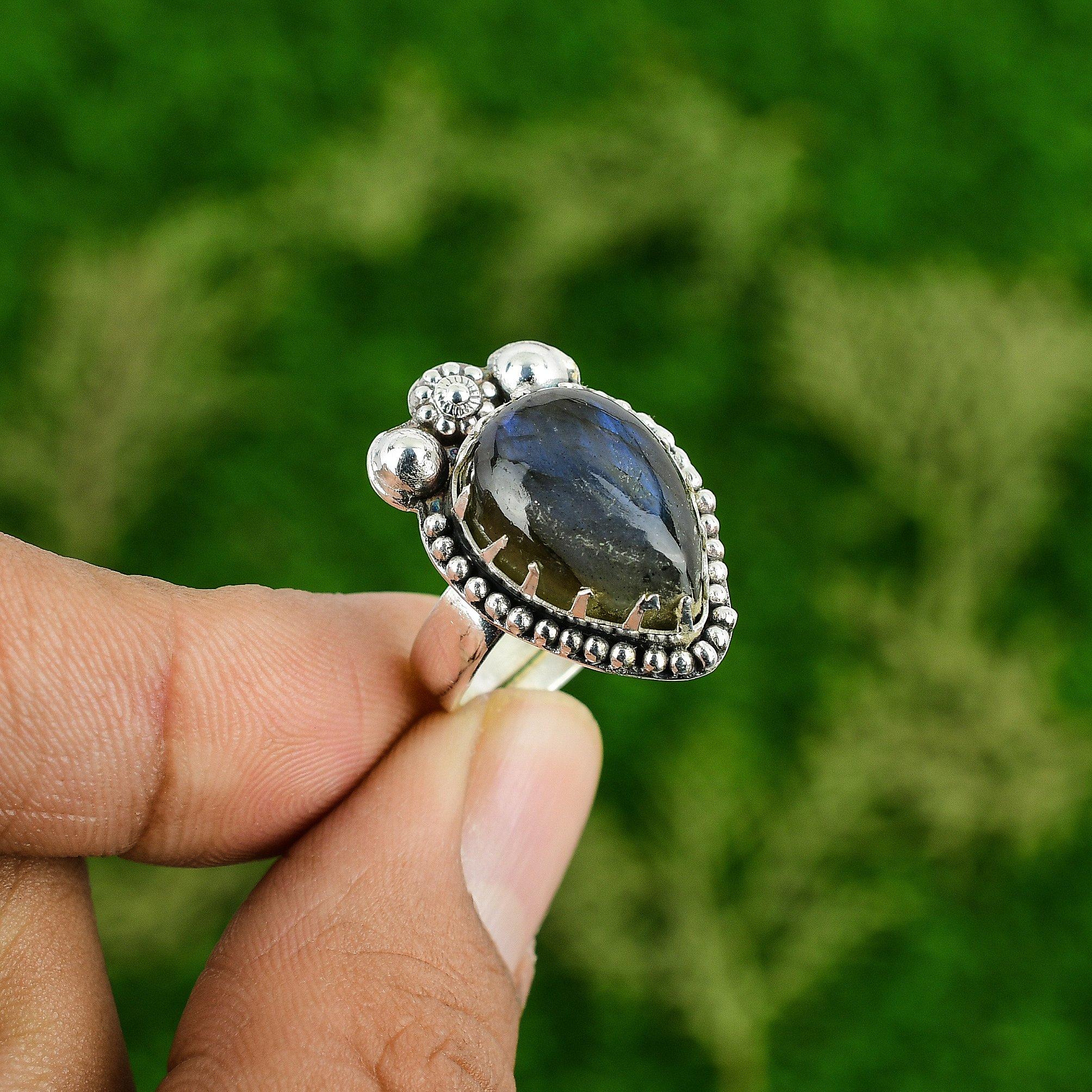 

Natural Labradorite Gemstone Statement Blue Adjustable Ring 925 Sterling Silver Adjustable