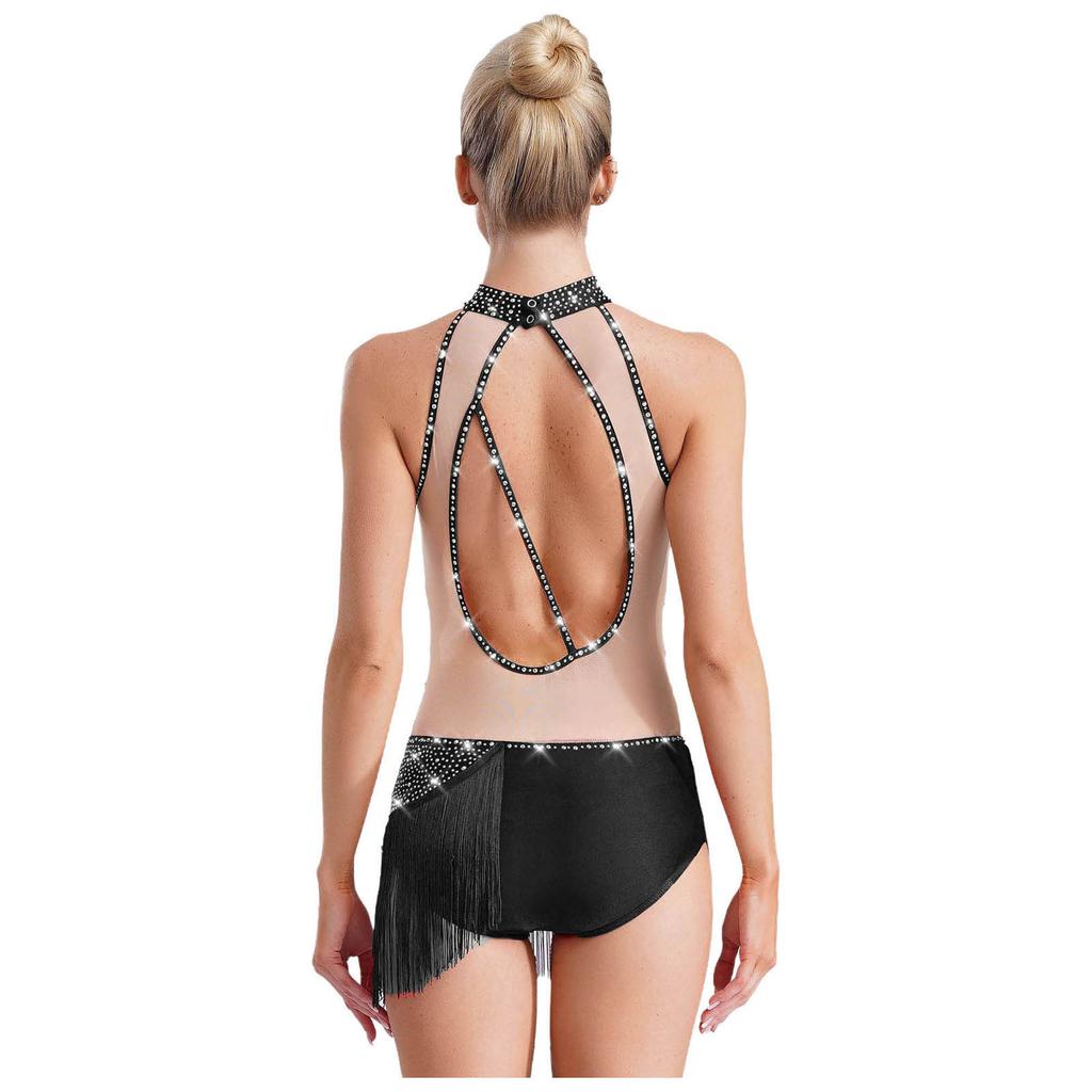 Womens Latin Dance Leotard Sleeveless Mock Neck Patchwork Rhinestones Tassels Adorned Gymnastics Costume