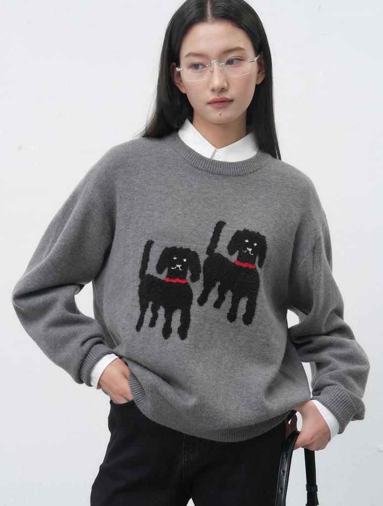 GENERALIDEA Unisex Twin Dog Jacquard Knit Pullover [Charcoal] / Sbe4U05016