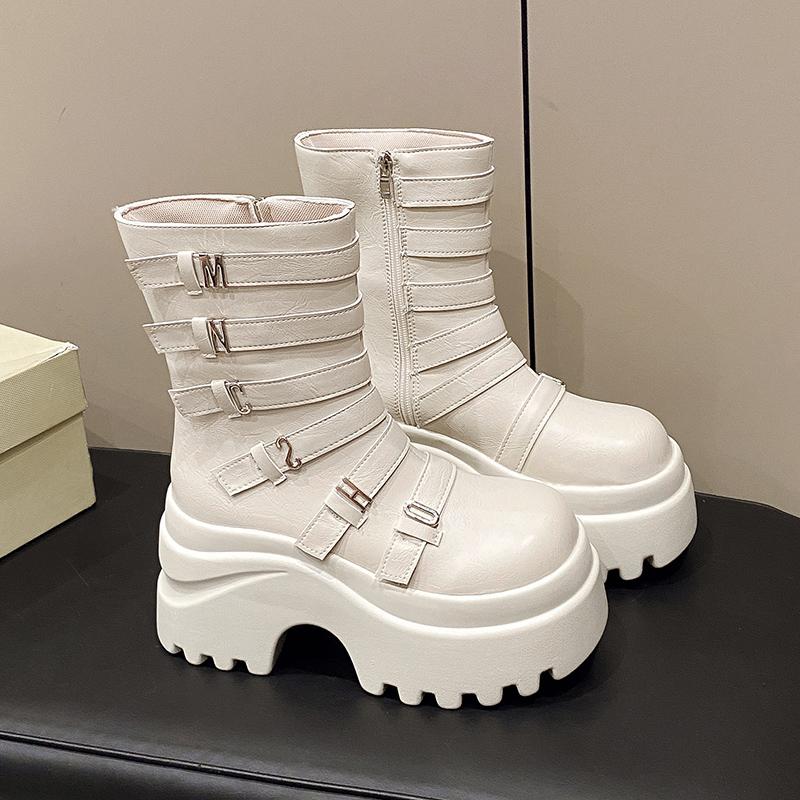 Fashion Women Punk Boots 9.5CM High Platform Outdoor Leather Shoes New Autumn Winter Metal Mid-calf Boots Hidden Heels Motorcycle Boots