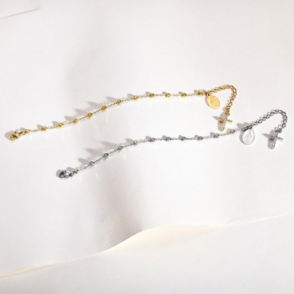 Charme Zirkonia Kreuz Rosenkranz Armband für Damen, Edelstahl Maria Verstellbares Glied, Religiöser Schmuck Geschenk