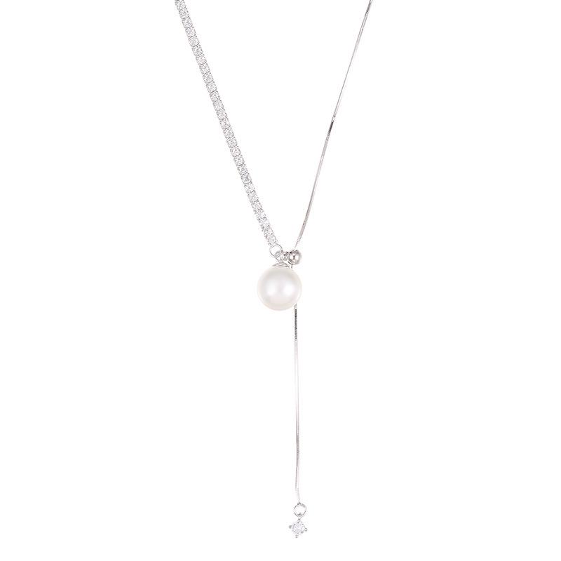 Cui Yan S925 Sterling Silver Korean Asymmetrical Long Necklace with Rhinestones & Pearl Clavicle Chain