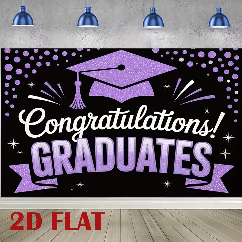 2D Congratulations Graduates Backdrop Purple Glitter Cap Confetti Graduation Photo Banner
