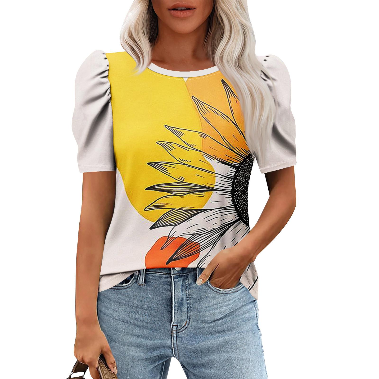 

Женские повседневные топы с коротким рукавом и круглым вырезом с принтом, туники, рубашки, летняя одежда L бежевый