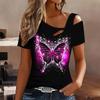 Women Butterfly Print Cold Shoulder Short Sleeve T Shirt Irregular Cutout Neck Casual Summer Blouse Top