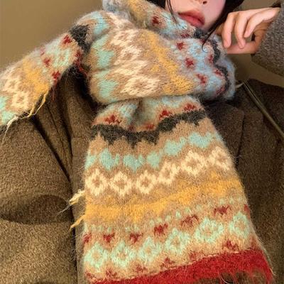 Women's Fair Isle Style Knitted Scarf Autumn Winter High-End Color-Block Thickened Warm Korean Atmosphere Neck Warmer Student