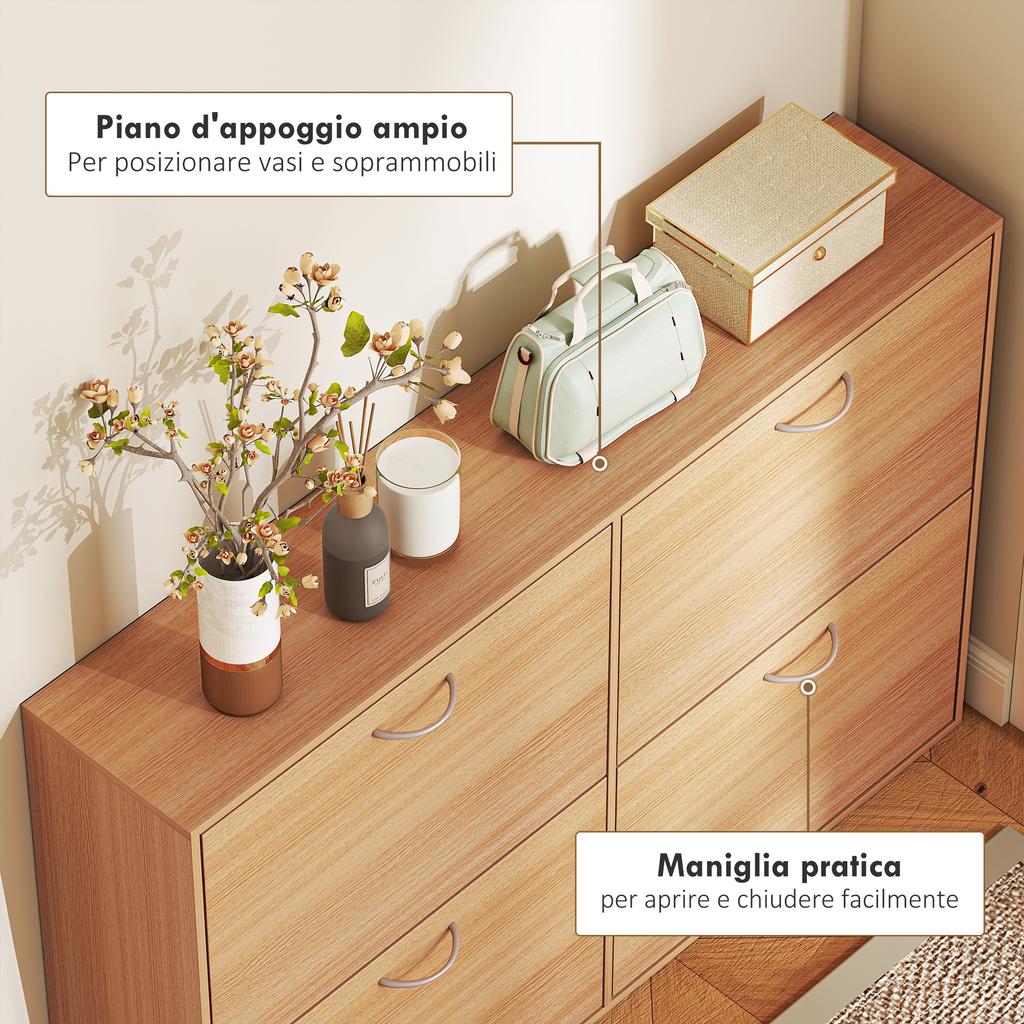 Slim Shoe Cabinet for 24 Pairs, 4 Drop-Down Doors, Adjustable Shelves, 120x24x81cm, Wood