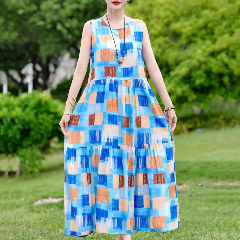 Elegant Sleeveless Dress for Women Plus Size Short Sleeve Vintage Print Long Dress Summer Casual Middle-aged Women's Clothing
