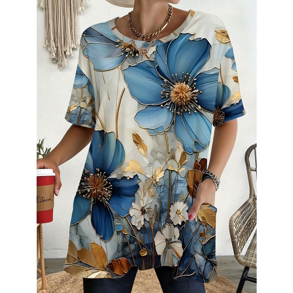 Ladies  Spring and Summer New Classic Simple Pocket Design T-shirt Versatile and Comfortable Round Neck Short Sleeve Top 3XL