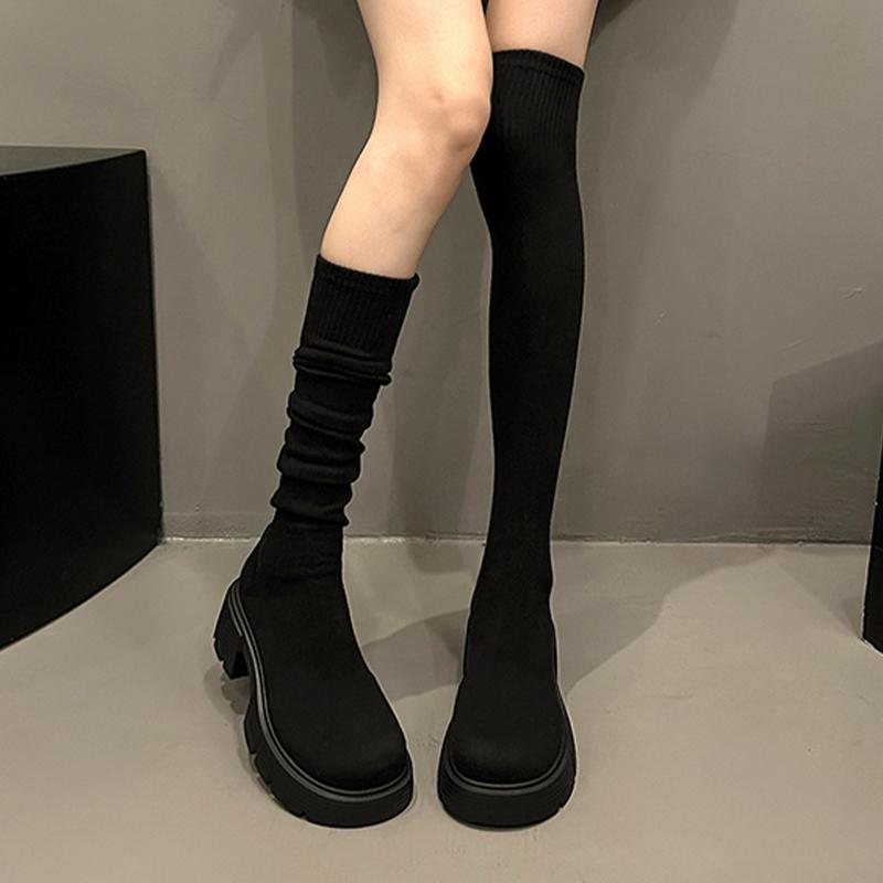 

Женские высокие ботинки на платформе, дизайнерские зимние туфли, плоские ботфорты выше колена, модные ботинки-носки 2025, новые уютные платья, челси, ботильоны для женщин 40 чёрный