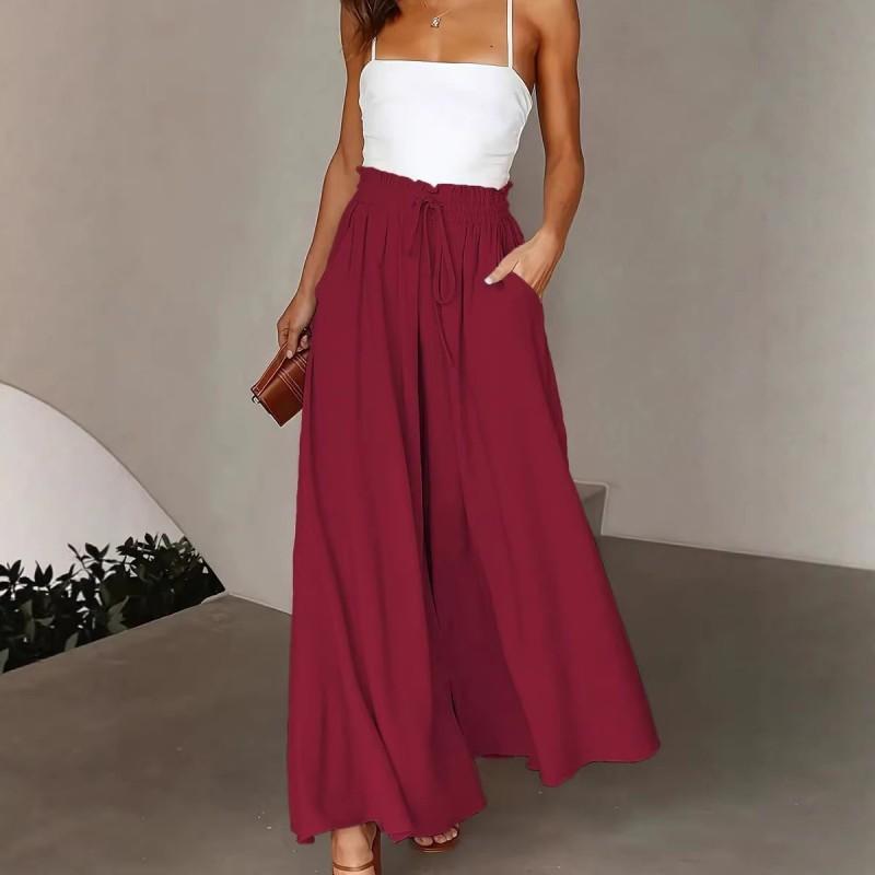 Womens High Waist Wide Leg Pants Loose Fit Stretchy Casual Trousers 2026 Wine Red