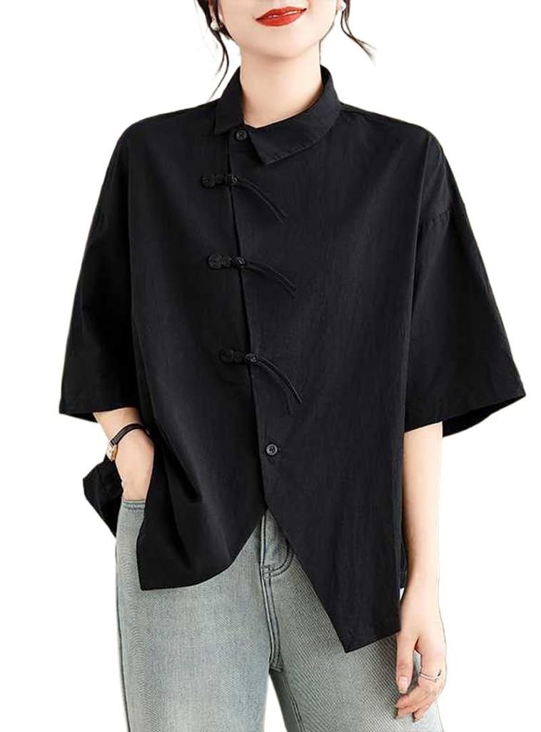 Short Chinese Summer Short Chinese Shirt Chinese Body Summer [Moufokyou] Women's Shirt, Sleeve, Button, Top, Sleeve, Style, Blouse, Commuting, Casual,