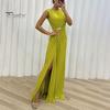 Lady Slit Hem Dress Evening Pleated Floor Length Solid Color Rhinestone Decor Sleeveless Round Neck High Waist Prom Cocktail Party Maxi Women Gown