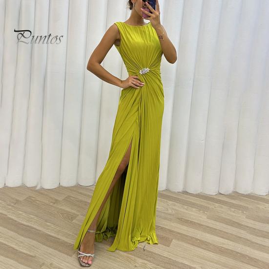Lady Slit Hem Dress Evening Pleated Floor Length Solid Color Rhinestone Decor Sleeveless Round Neck High Waist Prom Cocktail Party Maxi Women Gown
