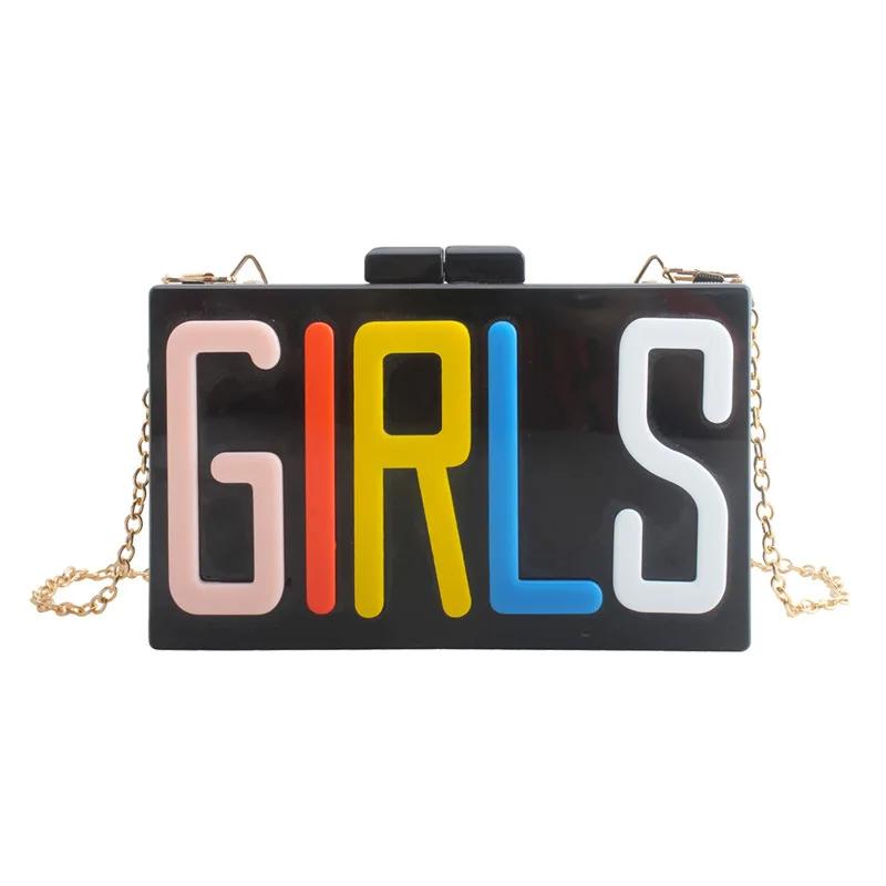 

2025 New Acrylic GIRLS Letter Shoulder Bags Fashion Crossbody Clutch Purse with Chain for Party Evening Wedding Prom Box Handbag чёрный