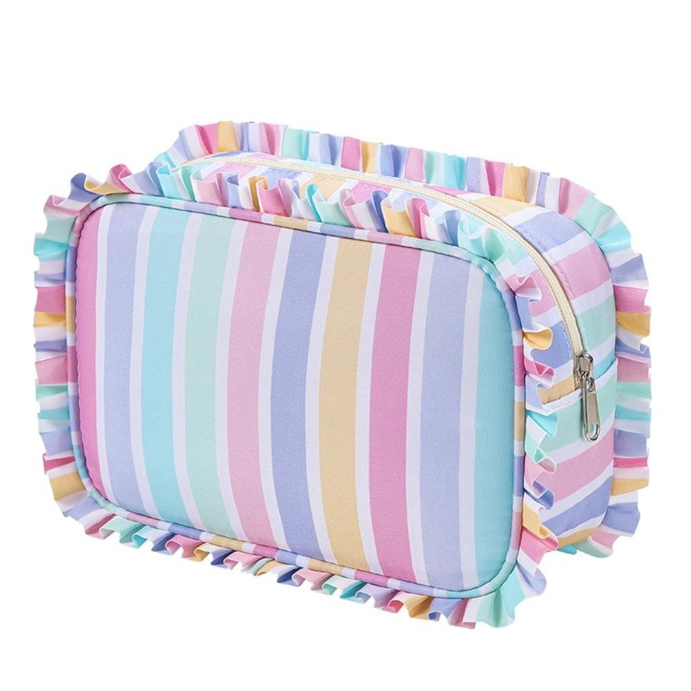 Ruffle Decoration Cosmetic Bag Striped Travel Pouch Multipurpose Makeup Organizer  Women