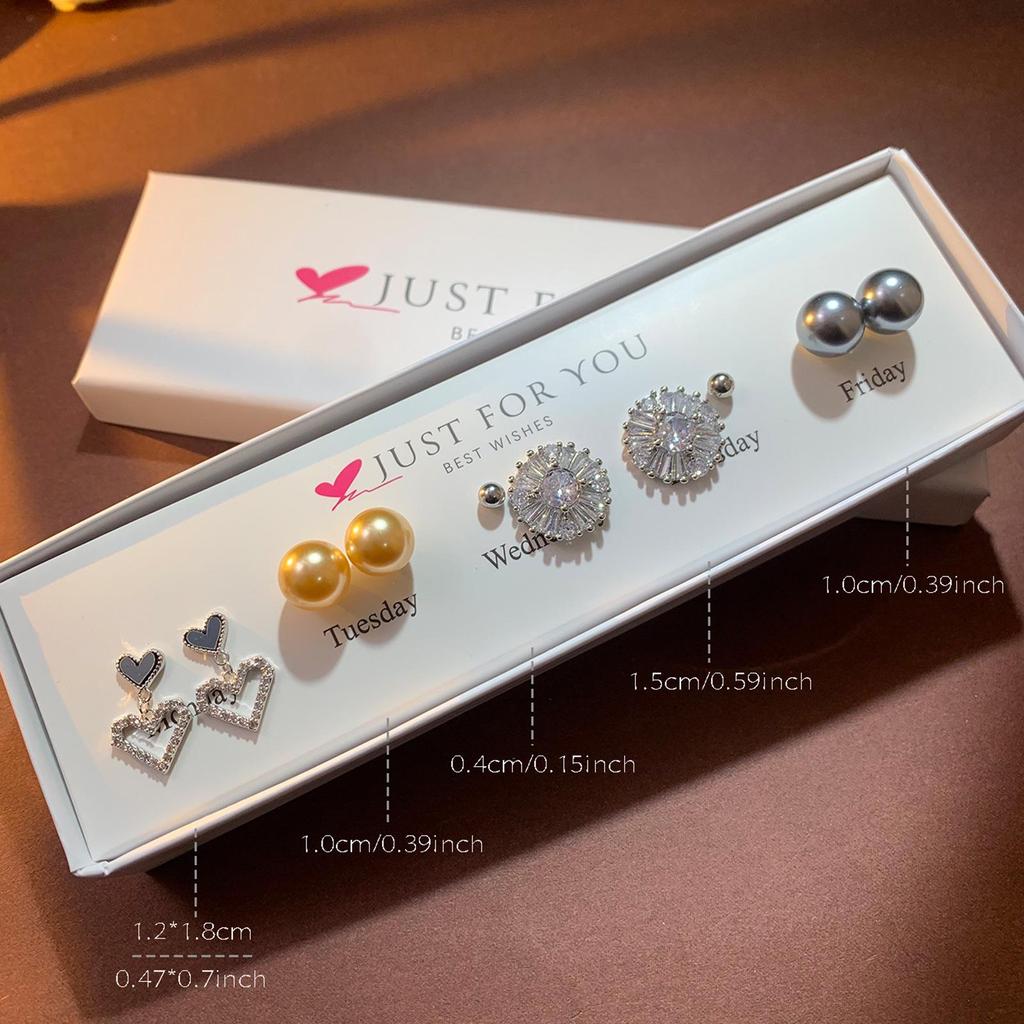 Weekly Earring Set: Flower Zircon Studs, Simple Ear Cuffs, Pearl Tassel French Earrings - 5 Pairs