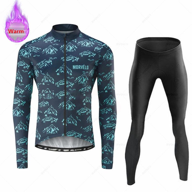 Morvelo-Thermal Fleece Cycling Jerseys Set for Men, MTB Bike Clothes, Warm Bicycle Clothing,2026 Velvet Warm Cycling Suit Set