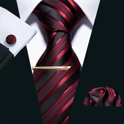 Barry.Wang červené kravaty pro muže Paisley Stripes Check hedvábná kravata Hanky ​​manžetové knoflíčky Zlatá spona na kravatu pro svatební podnikání