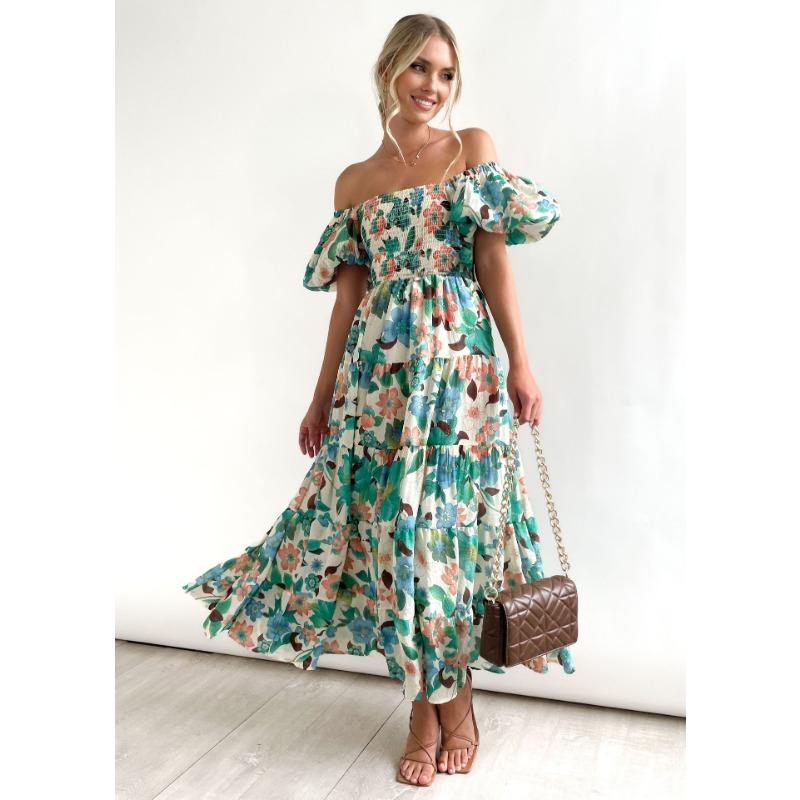 Women's Fashion Summer Spring Flower Pattern Print Short Sleeve One Shoulder High Waist Casual Dresses