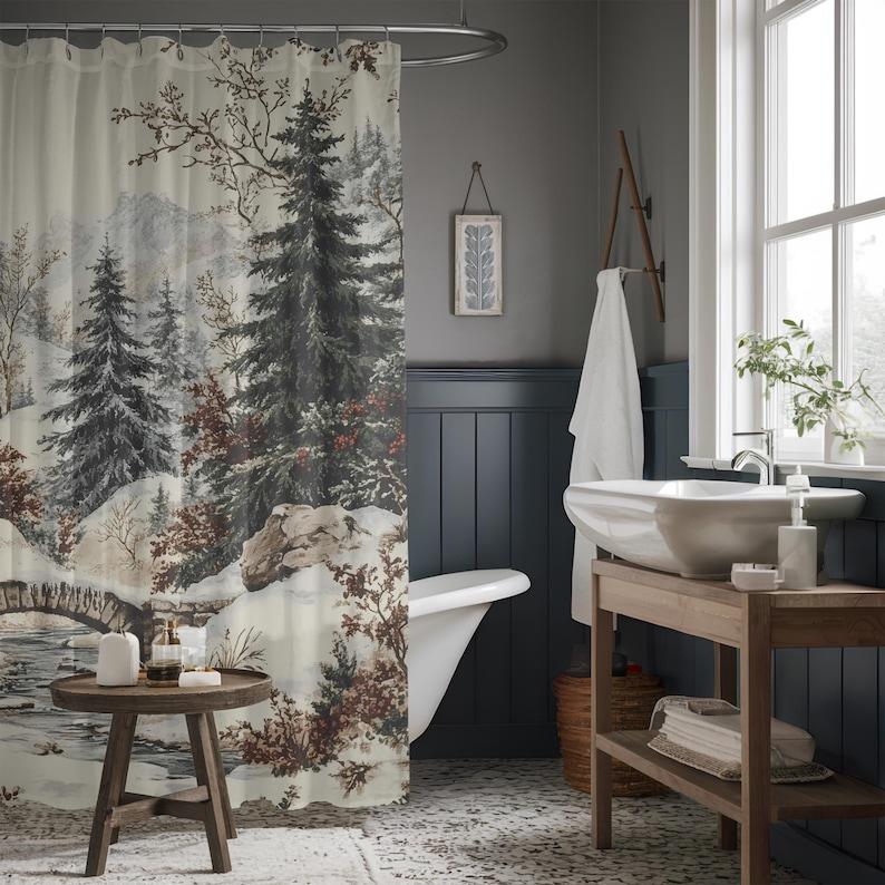 Mountain Scene Christmas Shower Curtain with Winter Evergreens & Cardinal, Aesthetic Nature Decor for Bathroom Refresh Holiday