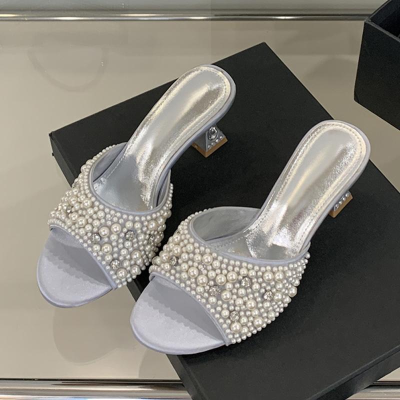 Summer Fashion White Pearl Women Slippers Sandals Open Toe Crystal Rhinestone Low Heels Mules Female Party Dress Shoes