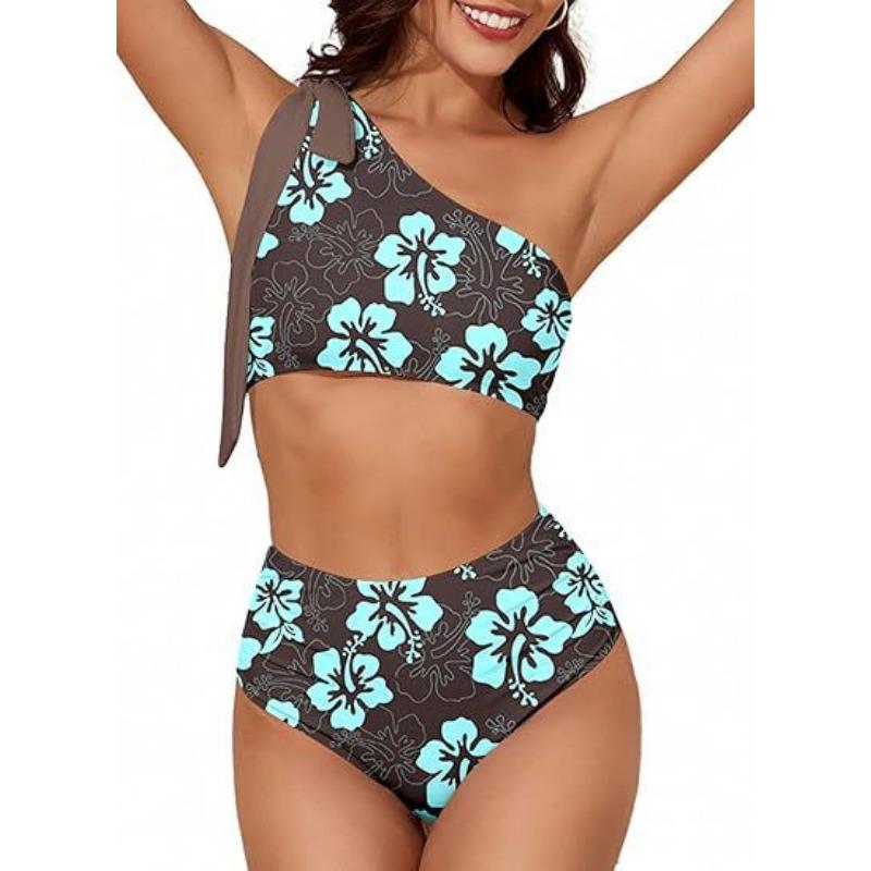 Sexy One Shoulder Two Piece High Waist Bow Tie Bikini Swimwear For Women