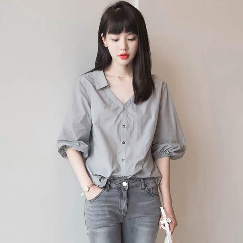 Women's Chic V-Neck Three-Quarter Sleeve Loose Top for Spring & Summer