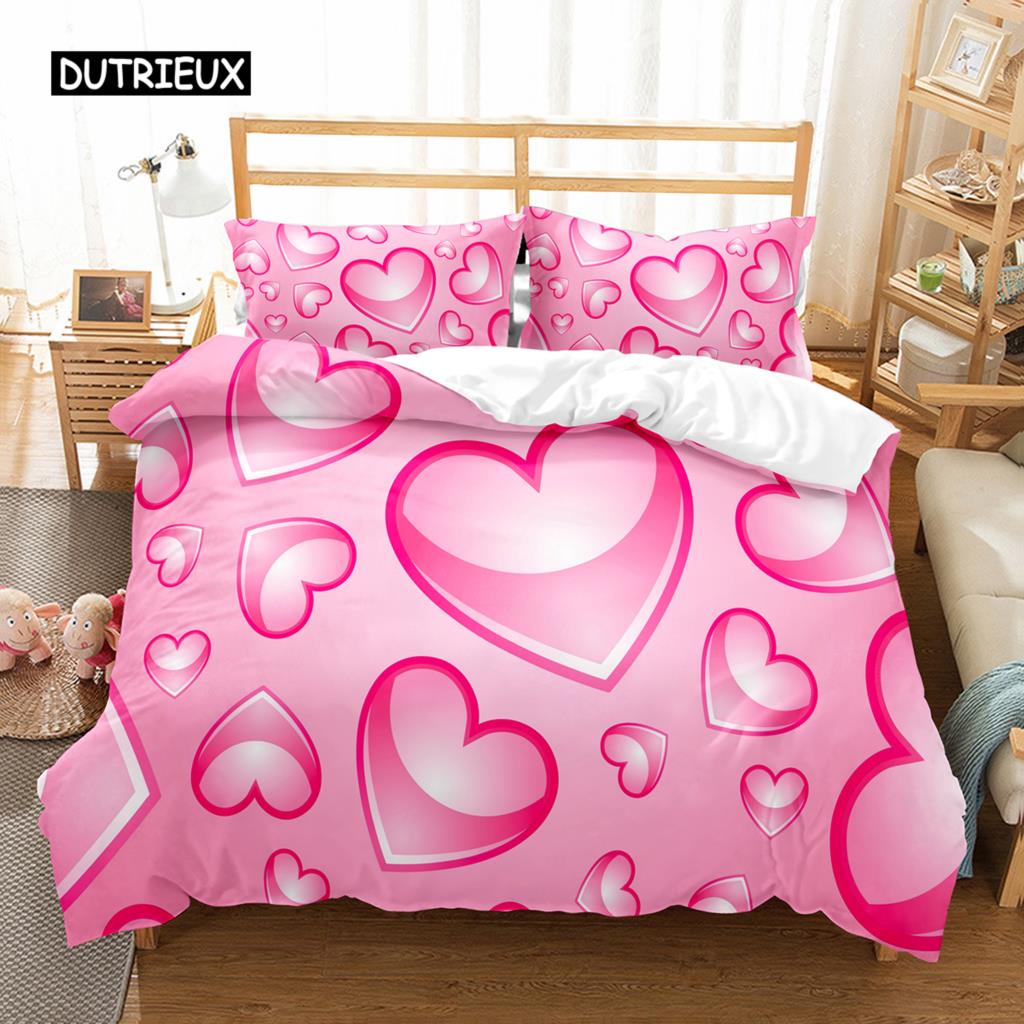 Love Heart Duvet Cover Set Single King Romantic Theme Bedding Set Rose Floral Comforter Cover For Valentine's Day Wedding Decor