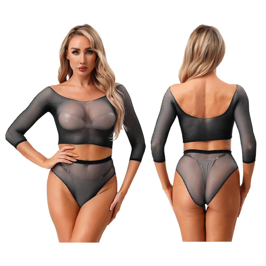 Sexy Women Lingerie Fishnet Top Briefs Set See Through Bikini Cover Couples Role Play Costume Tempting Outfit